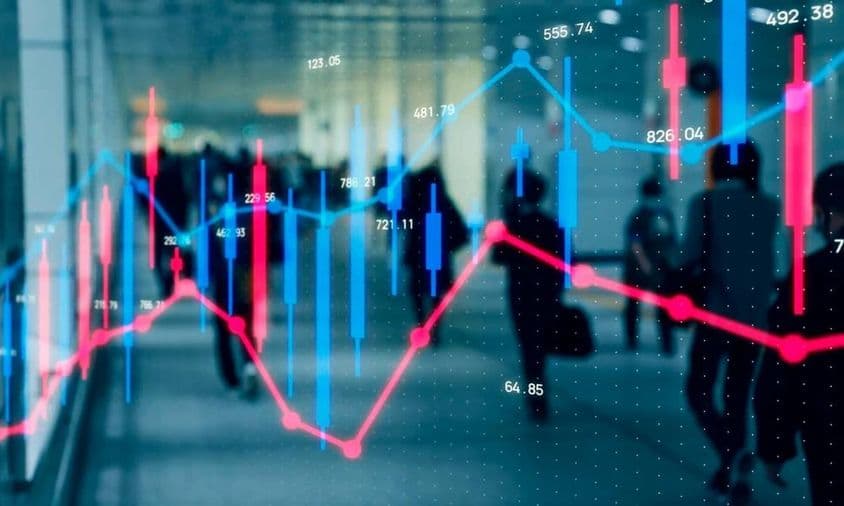 Financial graph, people walking.