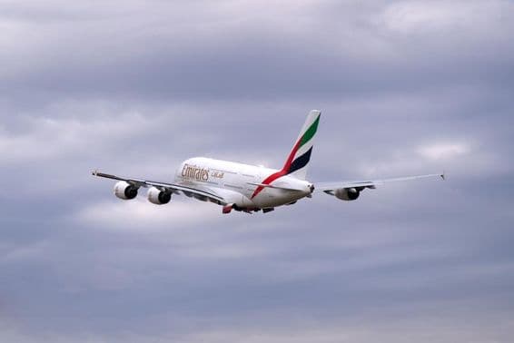 Emirates Airbus A380-861, registration A6-EEY, passenger aircraft.