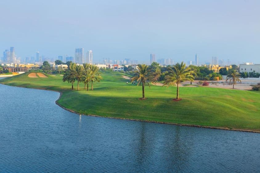 Panoramic view of a golf course in Emirates Hills, Dubai.