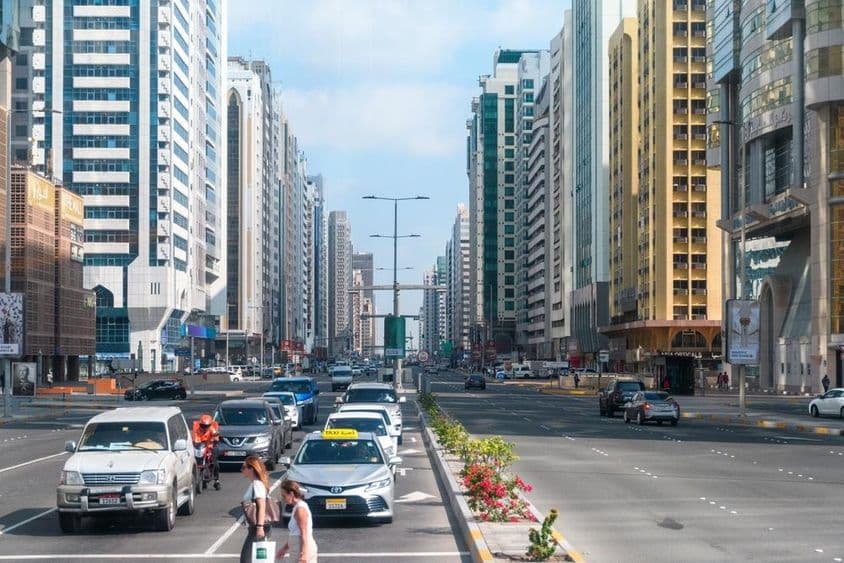 A modern, geometrically designed street in Abu Dhabi.