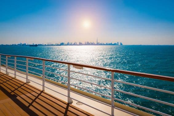 View of Dubai skyline from a cruise ship.