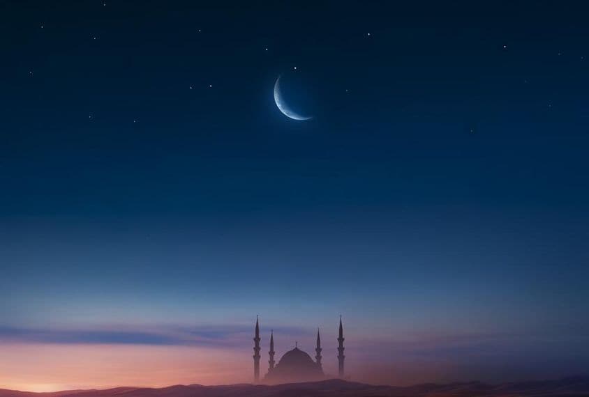 Mosque at sunset with moon in the sky.