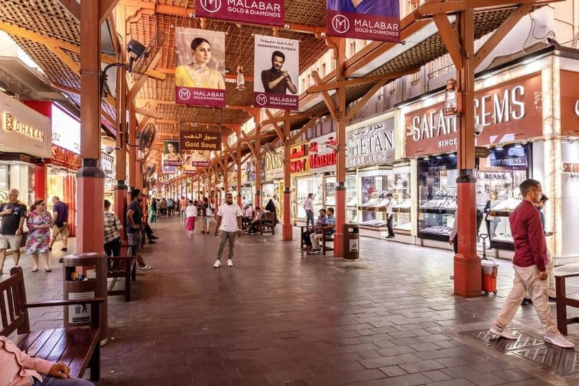 Street filled with gold shops in the Gold Souq, Dubai.