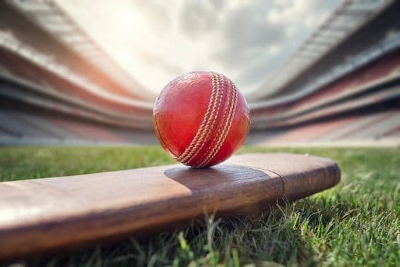 Cricket ball atop an old wooden cricket bat.