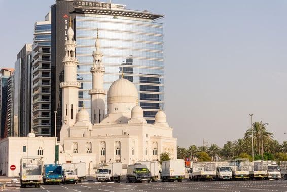 Parking in front of Al Yaqub Mosque in Dubai.