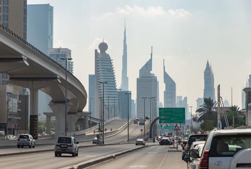 Sheikh Khalifa Bin Zayed street, view towards the skyscrapers of the Trade Centre district.