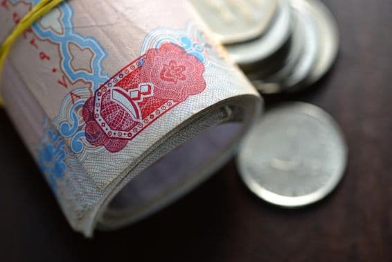 Rolled up UAE dirhams accompanied by a few coins.