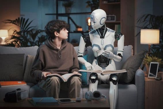Innovative AI robot teacher assisting a teenage boy with homework.