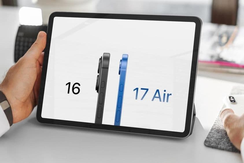 Businessperson compares iPhone 16 and iPhone 17 on a tablet.