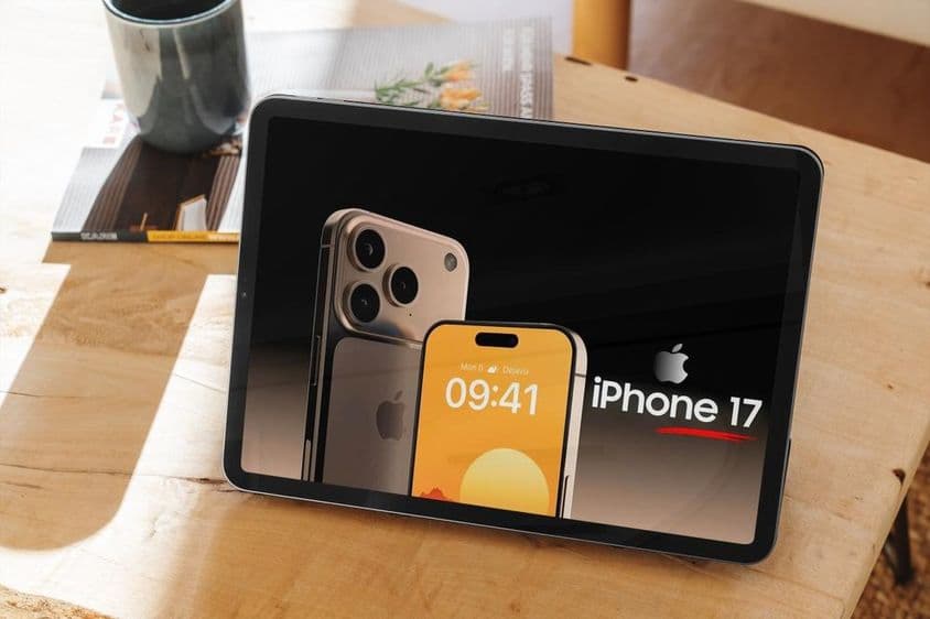 Advertisement of the iPhone 17 on a tablet, placed on a wooden table.