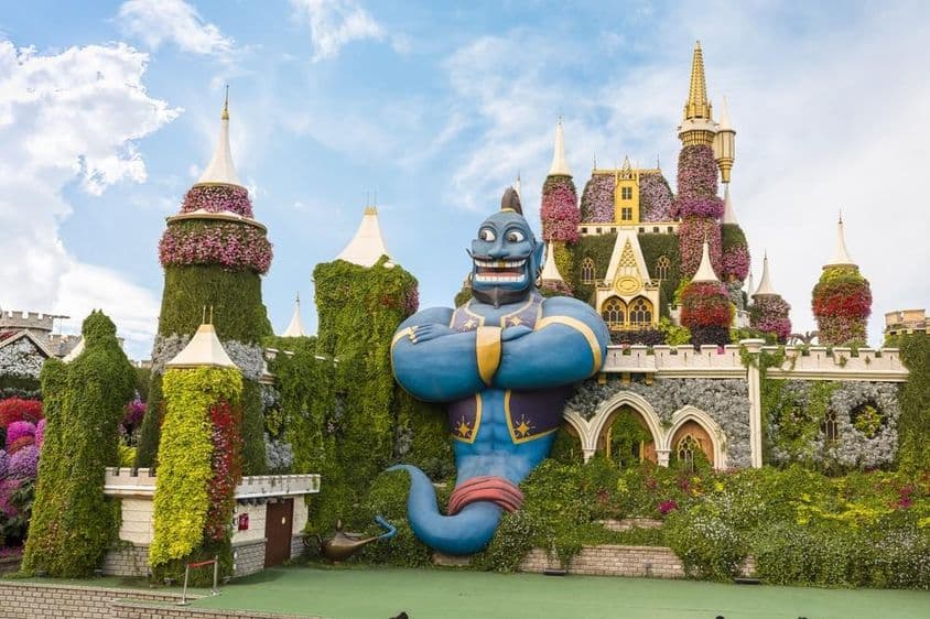 Giant fairytale genie figure at Dubai Miracle Garden.