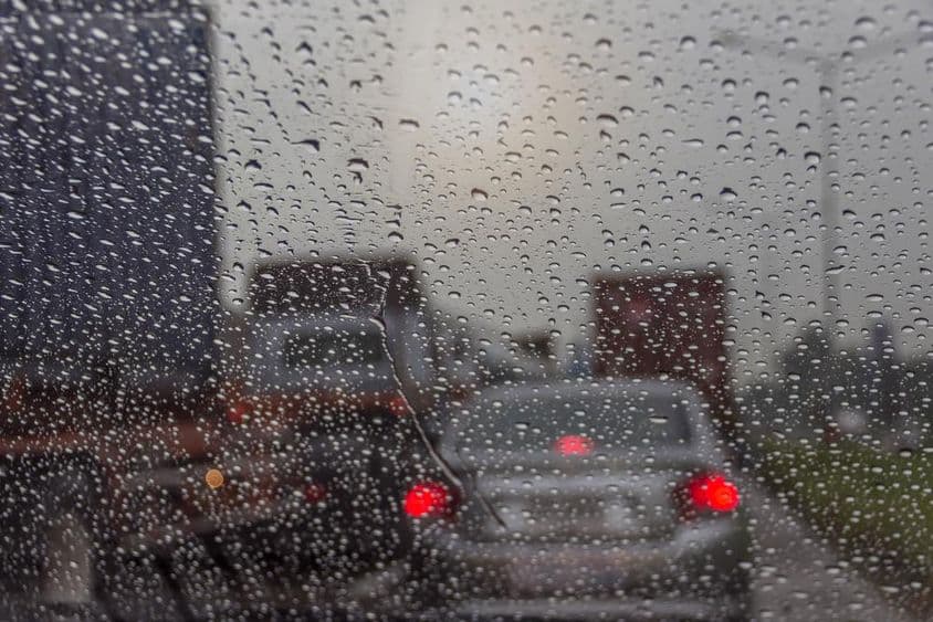 Dubai landscape through a rainy window.