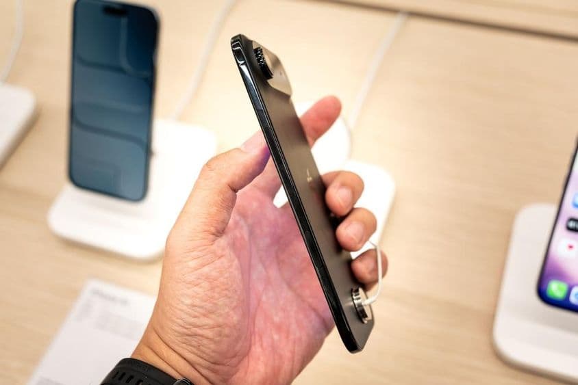 Holding a new iPhone 17 Air in a Store.