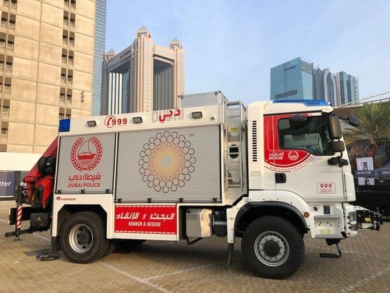 Dubai fire truck on the road.
