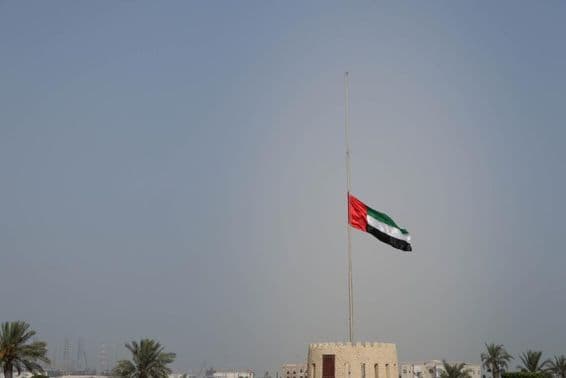 Flag of the United Arab Emirates flown at half-mast in Sharjah.