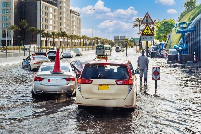 Dubai heavy rainfall and flooded street in the United Arab Emirates.