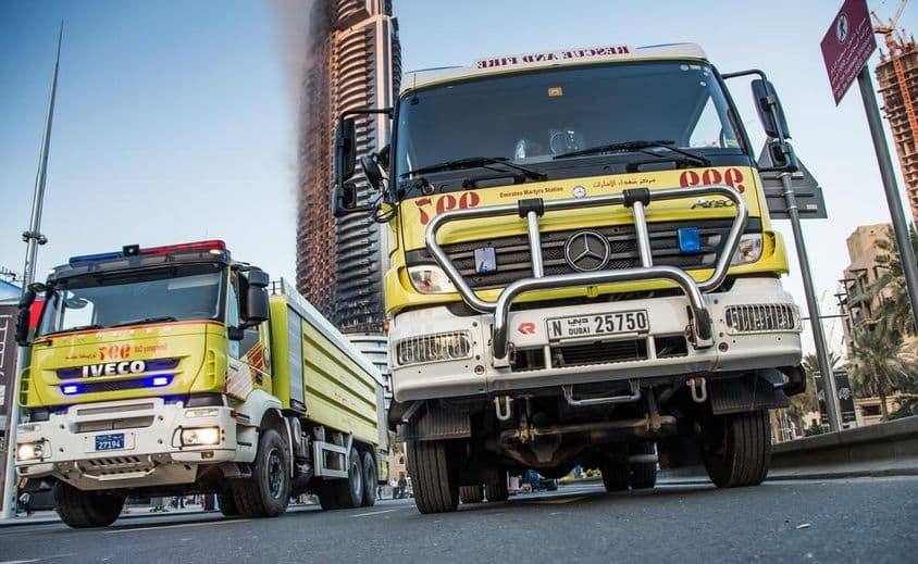 Firefighting vehicles parked on the streets.