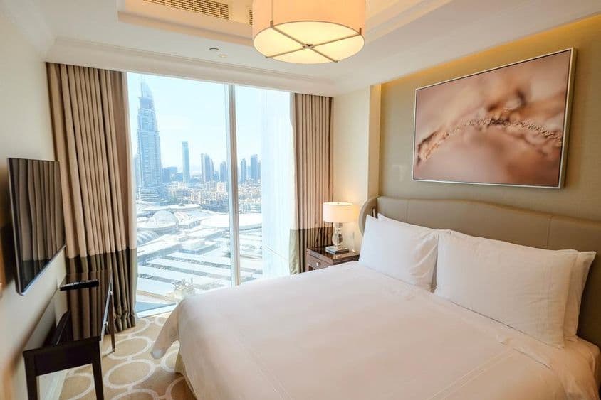 Interior design of a bedroom in Address Dubai Downtown Residence.