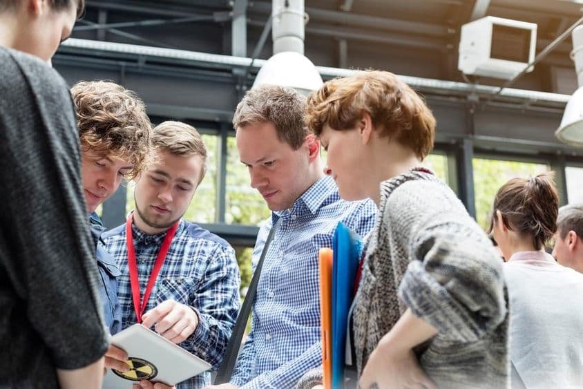 Students at an expo area.