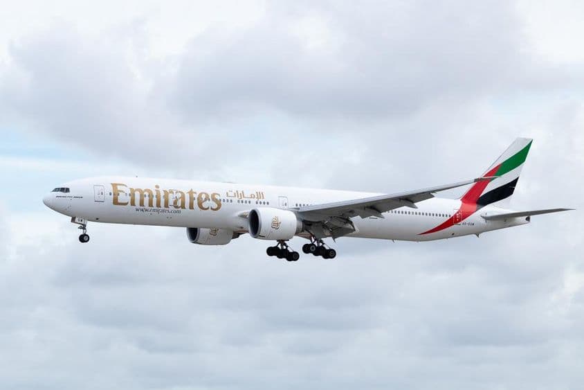 An Emirates Boeing 777-31HER airplane at Miami International Airport.