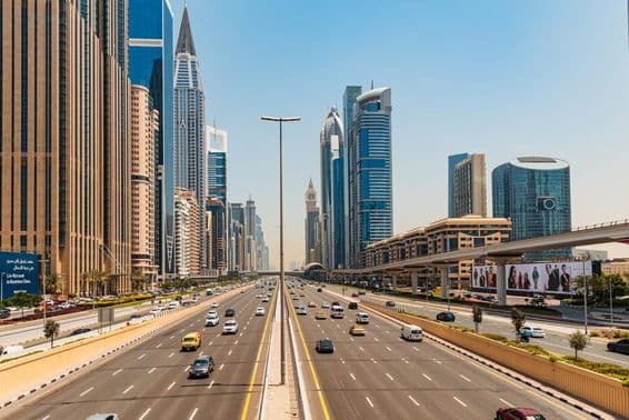Dubai view on Sheikh Zayed Road with skyscrapers.