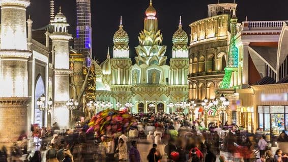Colorful entrance to Global Village crowd timelapse in Dubai.
