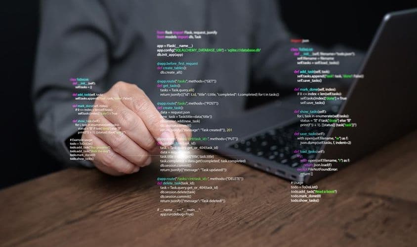 A programmer's hands on a laptop with coding.