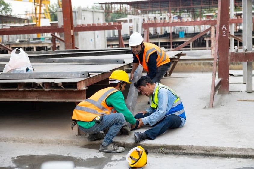 An engineering inspector assists a colleague in an industrial factory.