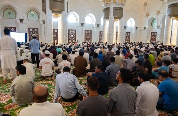 People participating in Friday prayer at the Sheikh Zayed Mosque, Abu Dhabi.