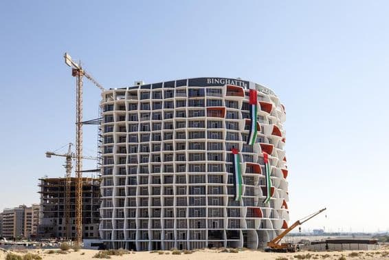 Binghatti Holding is constructing a modern apartment building in Dubai.