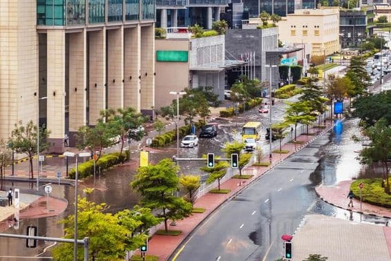 Dubai, heavy rain and flooded street in the United Arab Emirates.