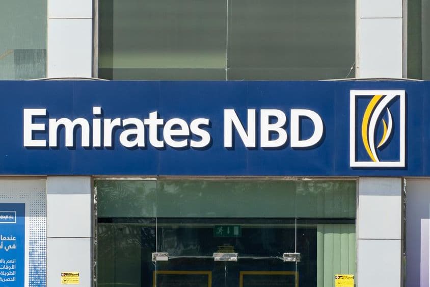 Emirates NBD Bank PJSC Bank sign above an entrance.