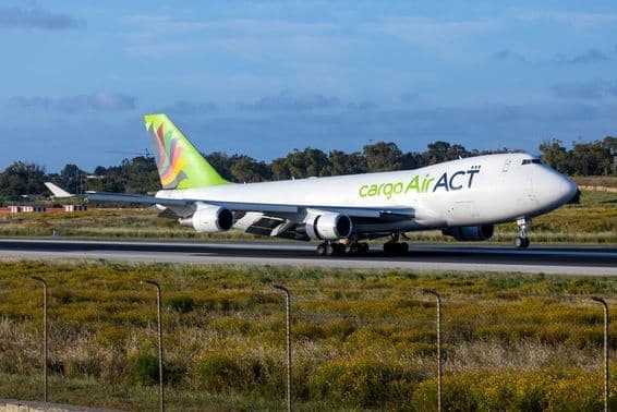 ACT Airlines Boeing 747-428ERF (REG: LZ-CJB) aircraft arriving early morning.