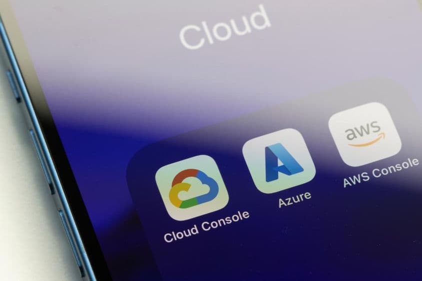 Close-up of application icons of three leading cloud computing service providers on an iPhone.