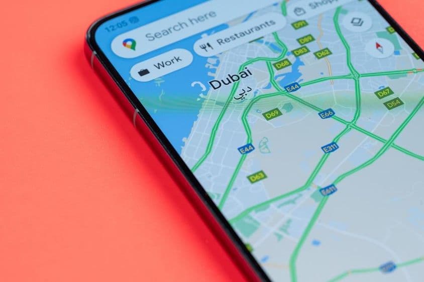 Dubai on Google Maps on a smartphone screen.