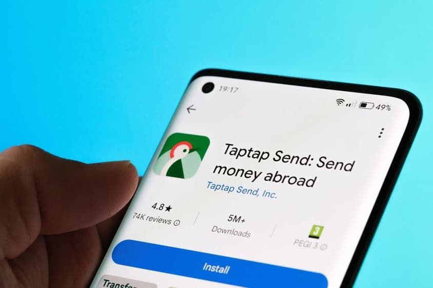 The Taptap Send app displayed on a smartphone.