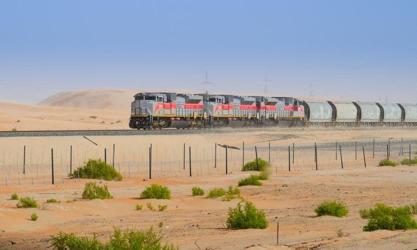 Train journey through the Liwa desert in Abu Dhabi.