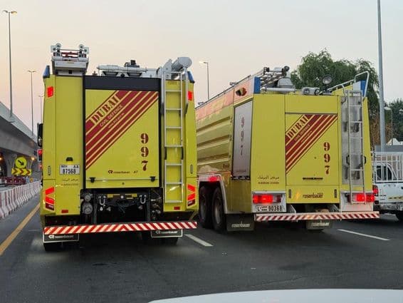 Dubai civil defense, fire trucks.