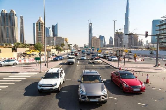 Sheikh Zayed Road in Dubai on a summer day.
