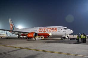 An Air India Express aircraft preparing for takeoff at the New Delhi airport.