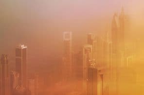 Dubai in a sandstorm, aerial view during a dust storm.