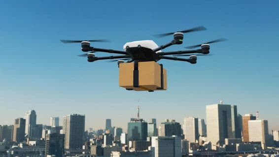 Autonomous unmanned aerial vehicle transporting packages.
