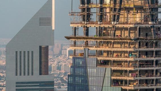 Construction of a new modern skyscraper in Dubai.