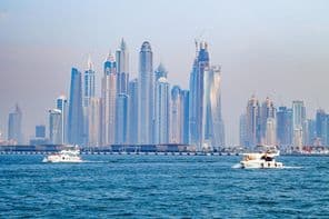 Dubai Marina, view of skyscrapers including Princess Tower, Ciel, and Elite Residences Tower.