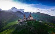 Trinity Church, commonly known as Kazbegi Monastery, near the village of Stepantsminda in Georgia.