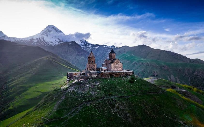 Trinity Church, commonly known as Kazbegi Monastery, near the village of Stepantsminda in Georgia.