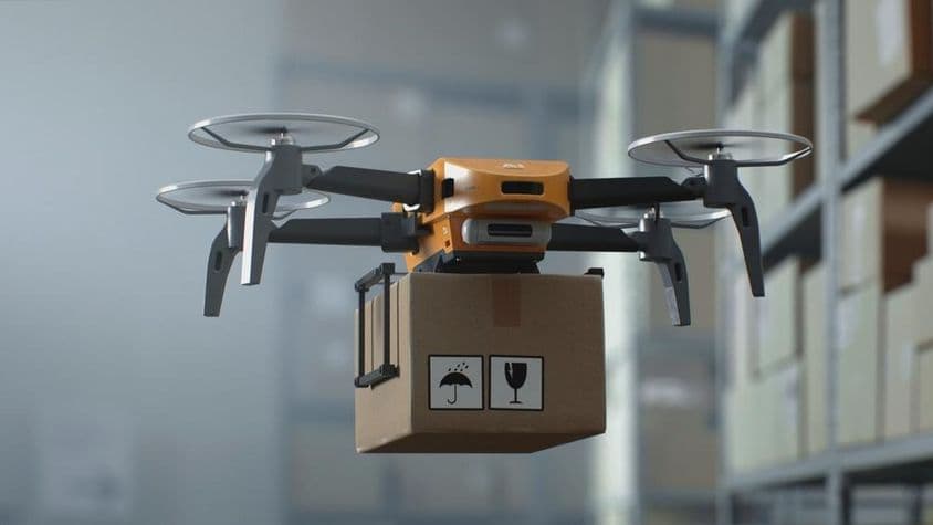 Pilotless UAV Drone Delivering Cardboard Box.