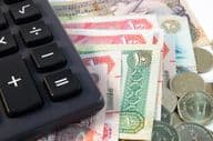 Close-up of various banknotes and coins from the United Arab Emirates.