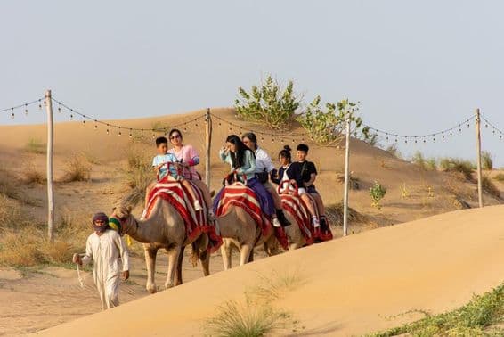 Tourists riding camels in the desert.