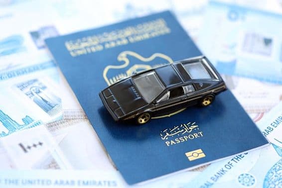 United Arab Emirates dirham, car with passport.